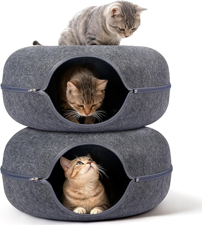 Peekaboo Cat Cave Bed for Indoor Cats, Scratch-Resistant Cat Donut Tunnel for Multiple & Large Cats, Detachable Round Cat Hideaway for Playing, Sleeping and Hiding