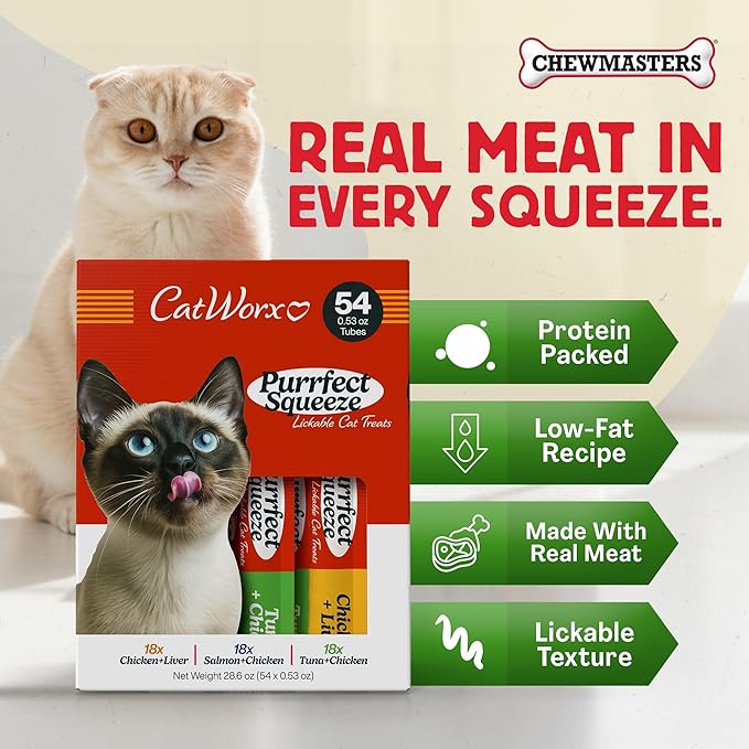 Catworx by Chewmasters Purrfect Squeeze Lickable Soft Cat Treats, 54 Pack - Creamy Purée Squeeze Tubes for Kittens and Adult Cats - Hand Feeding Snack or Food Topper - Training Reward, 0.53 Ounce