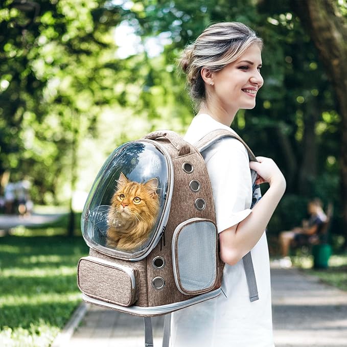 Cat Backpack Carrier with Large Space Bubble Window, Airline Approved Breathable Pet Carrier for Small Dogs Cats up to 15lbs, Foldable for Travel Hiking & Outdoor Use