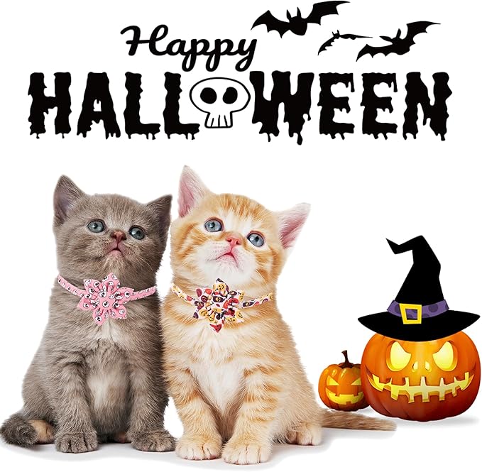 ADOGGYGO Halloween Cat Collar with Floral, 2 Pack Halloween Kitten Flower Collar, Pink Ghost Pumpkin Collars for Cats Kittens