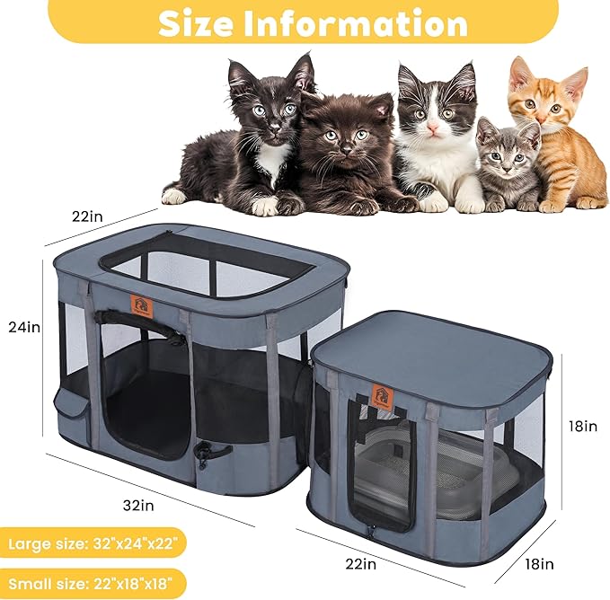 Portable Cat Playpen 2-in-1, Enclosed Kitten Playpen with Litter Box Cage Area, Pet Playpen with Collapsible Tent Rod Reinforced for Cats Puppy Rabbit Hamster Indoor Outdoor Use (Grey)