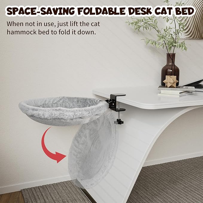 Cat Desk Bed, 90° Foldable Cat Hammock for Desk, Heavy Duty Cat Bed Desk Mount Up to 44lbs, Ergonomic Desk Mounted Cat Bed with Washable Soft Fabric, Space Saving Cat Perch for Home Office Desk