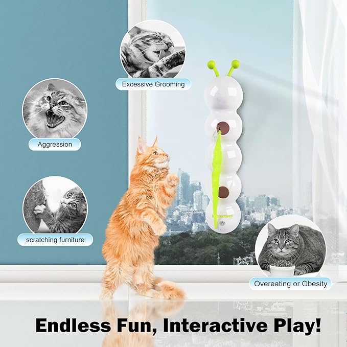 Interactive Cat Feather Toy, Caterpillar Cat Toy Automatic Fluffy Tail Teaser with Motion Sensor, USB Rechargeable, Suction Cup for Stable Play, Perfect for Indoor Cats