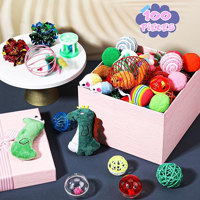 Lenwen 100 Pcs Cat Toys Set Bulk Cat Fur Mice Toys Variety Plastic Ball with Bell Furry Pompom Rattle Mouse Assorted Interactive Catnip Toy Pillow Chew Nice Gift for Indoor Kitten Cats Catch Play