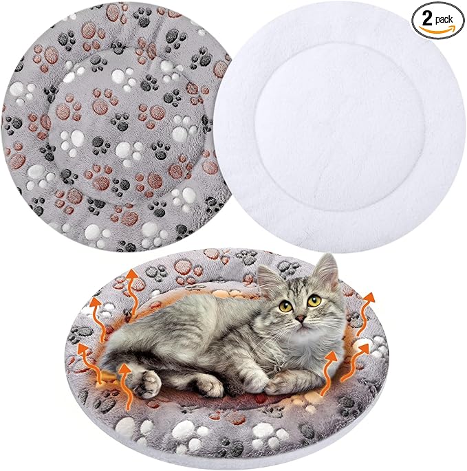 VitalCozy 2 Pack Self Heating Cat Pad Self Heating Cat Bed Machine Washable Heat Pet Mat Reversible Body Thermal Warm Round Dog Bed Crate Blanket for Feral and Indoor Cats(16'',Dog Paw)