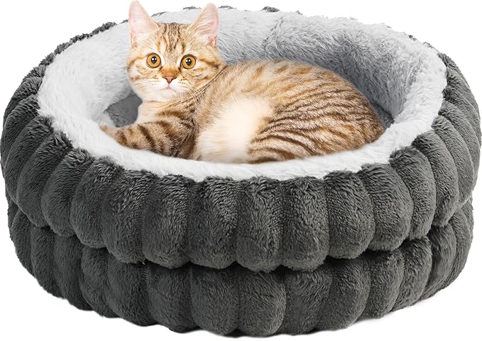 Cat & Dog Bed Kitten Bed,20in Washable Round Cat Beds for Indoor Cats, Super Soft Plush Faux Fur Pet Bed for Puppy and Kitten with Anti-Slip Bottom(Dark Grey)
