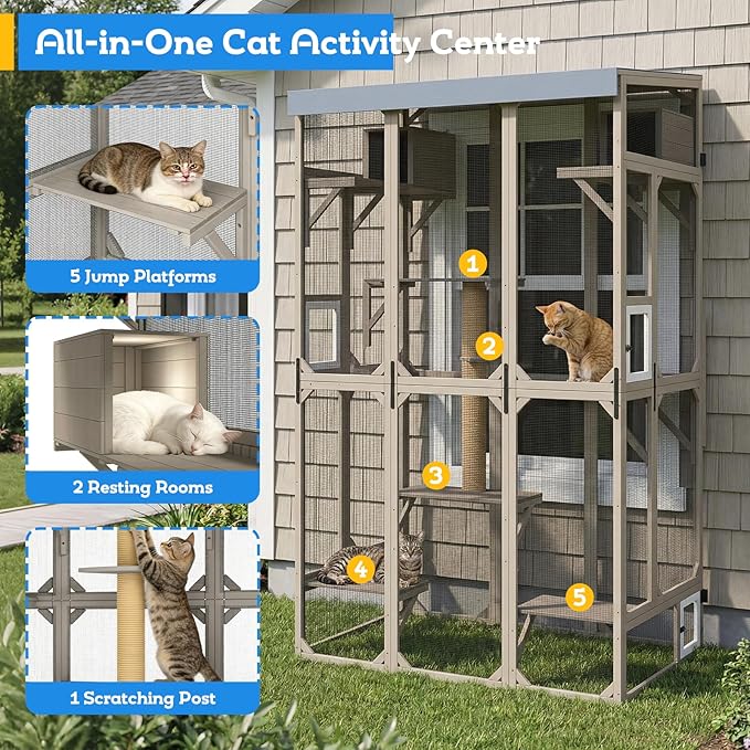 Extra Large Window Catio for Indoor Cats, 99.5" Bug-Proof Cat Enclosure Outdoor Cat Cage with 8 Jump Platforms & Scratching Post, Weatherproof Cat Patio for Window