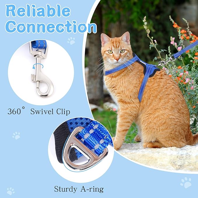 Cat Harness and Leash Set for Walking,Adjustable Escape Proof Kitten Harness and Leash with Reflective Strips,Easy to Wear Soft Breathable Harness for Cats Puppy Bunny Dogs Blue