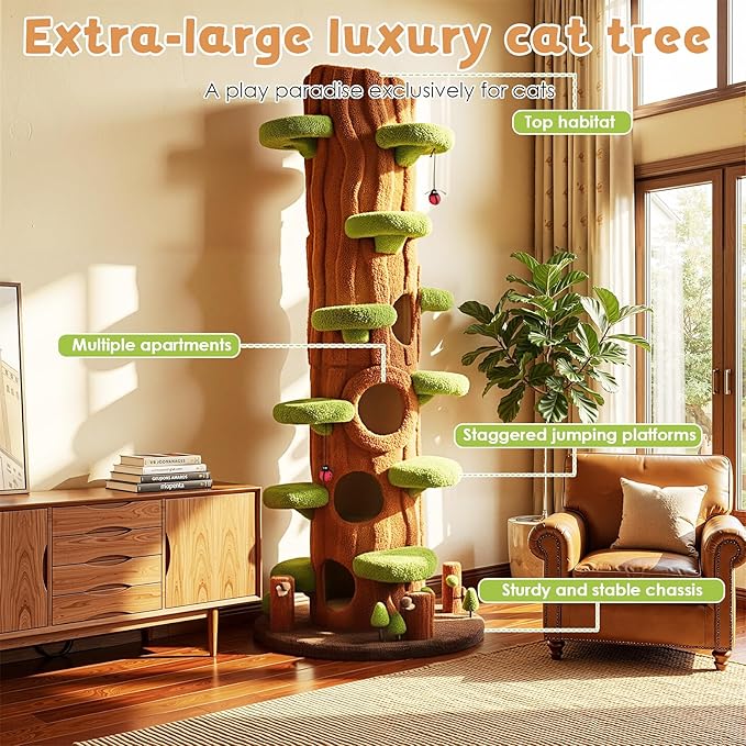 NUNU LAB 90.5 Inch Tall Large Cat Tree, Magic Forest Solid Wood Cat Tree Tower with Sisal Scratching Posts, Multi-Level Cat Condo with Side Hideaway Cave, Heavy Duty Cat Tree for Large Cats, Green