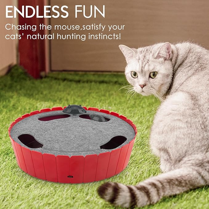 Pawaboo Interactive Cat Toy with Running Mouse, Electronic Motion Cat Toy Automatic Teaser for Indoor Cats, Pop and Play Hide Seek Cats Toys Hunting Mouse for Pet Kitten Play Fun Exercise, Red