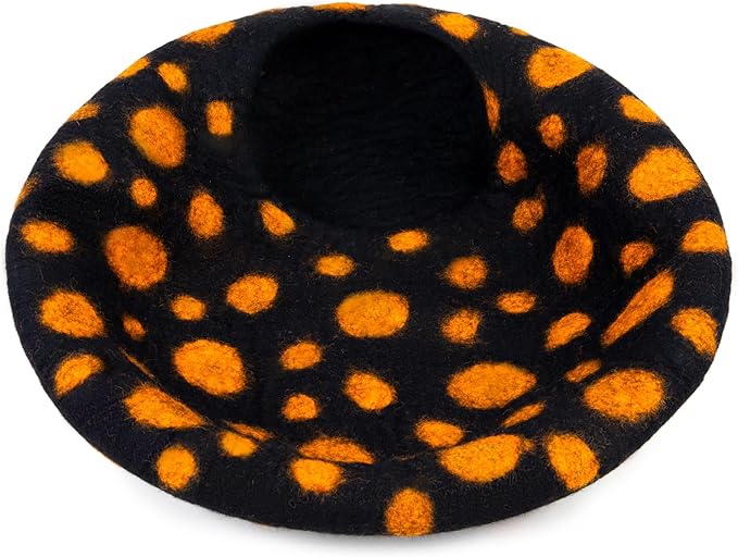 Woolygon Premium Felt Cat Cave Bed – Wool Kitty Beds Handcrafted Kitten Caves Bed for Indoor Cats - Made from Merino Wool, Foldable Cat Hideaway Covered Cat House Pod (Black Polka)
