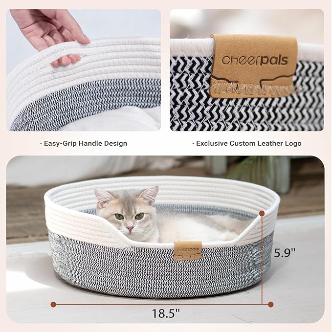 CHEERHOME PETS Cat Bed Basket with Cushion, Cotton Rope Woven Pet Bed for Indoor Cats Couch, Stimulicat Cat Bed Handwoven Breathable, All Season Universal (Grey)
