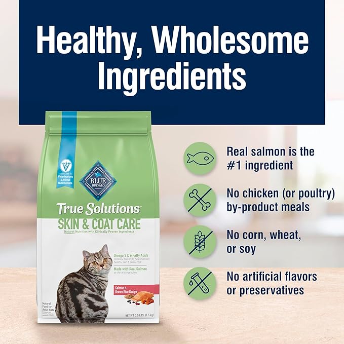 Blue Buffalo True Solutions Skin & Coat Care Natural Dry Cat Food for Adult Cats, Salmon, 11-lb. Bag