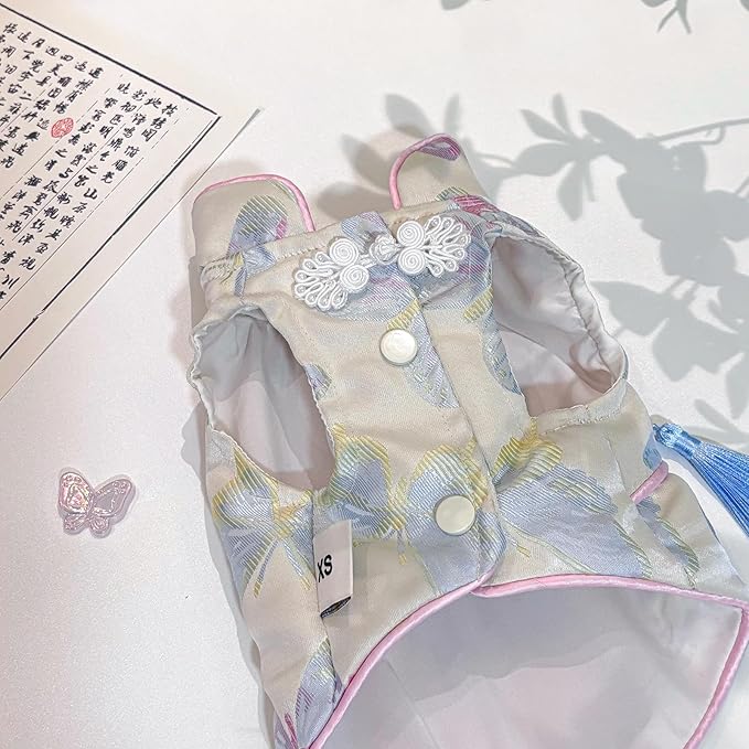 Chinese Cheongsam Dog Dress, Butterfly Printed Pet Qipao with Tassel & Knot, Traditional Chinese Style Outfit for Small Dogs & Cats, Festive Costume for Puppy Kitten (Small)
