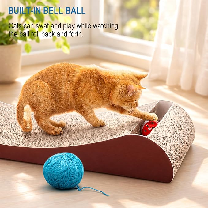 Simple Delxue 30 Inches Extra Large Cardboard Cat Scratcher Bed, Cat Lounge Bed with Bell Ball Toy，100% Recyclable & Reversible Durable Cardboard Scratching Board for Indoor Cats