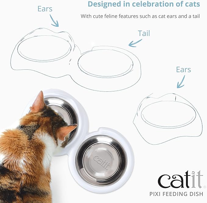 Catit PIXI Double Feeding Dish, Whisker Stress Free Food & Water Cat Bowl,White