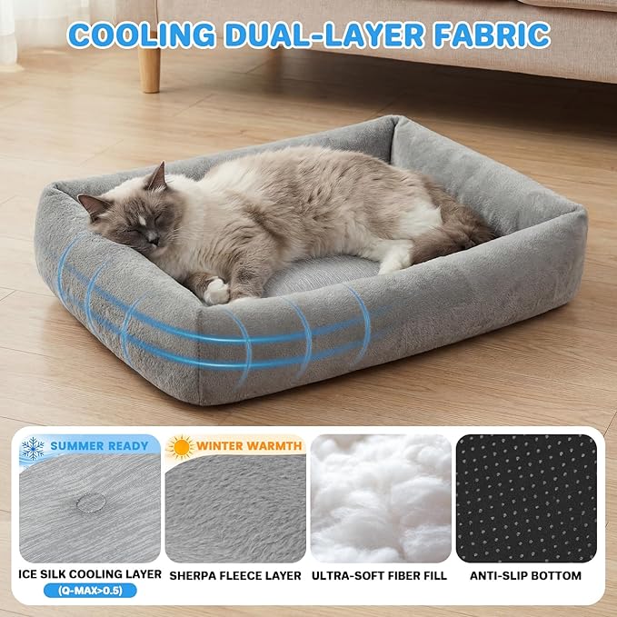 Washable Dog Bed for Large Dogs—Removable Inner Cushion & Reversible Design (Ice Silk Cooling Layer|Sherpa Fleece Layer), Non‑Slip Bottom Dog Beds for Crate, Medium, Small Dogs, Grey (24" X 15")