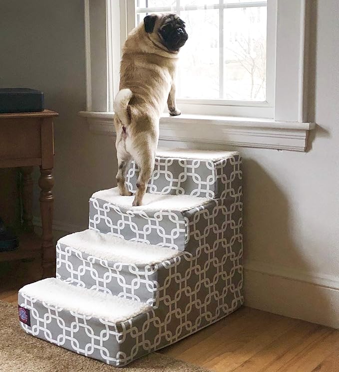 Majestic Pet 4 Step Portable Dog Stairs for Small Dogs to get on Bed Supports 25 lbs or Less – Dog Steps for High Bed with Machine Washable Cover – Pet Stairs for Cats Links Gray