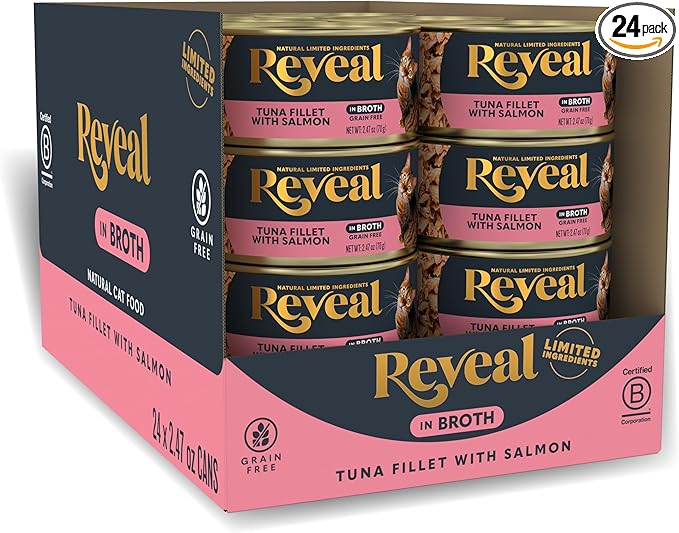 Reveal Natural Wet Canned Cat Food, Limited and Natural Ingredients, Grain Free, High Protein with No Artificial Additives, Tuna Fillet with Salmon in Broth (24 x 2.47 oz Cans)