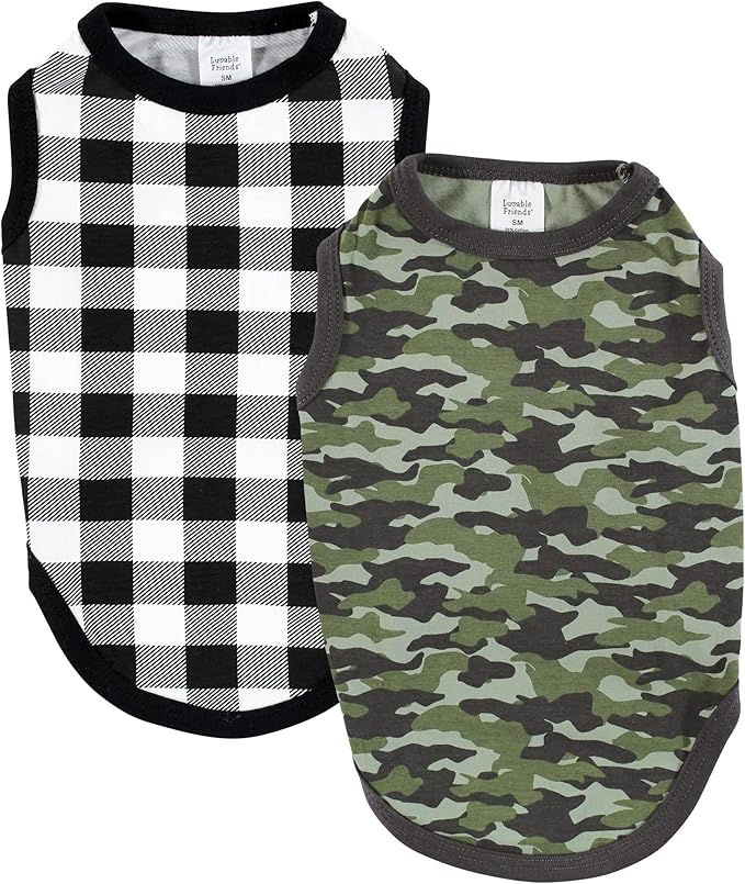 Luvable Friends Dog Pet Dog and Cats Cotton T-Shirts 2pk, Camo Plaid, Large