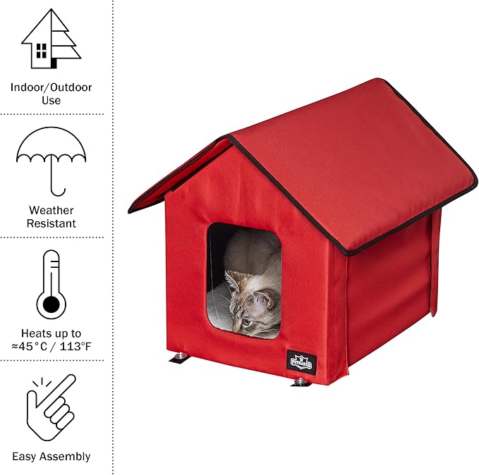 Heated Cat House - Double-Door Cat Bed with Zippered Roof, Pet Heating Pad, and Sherpa Cover - for Garage, Porch, Barn, or Basement by PETMAKER (Red)