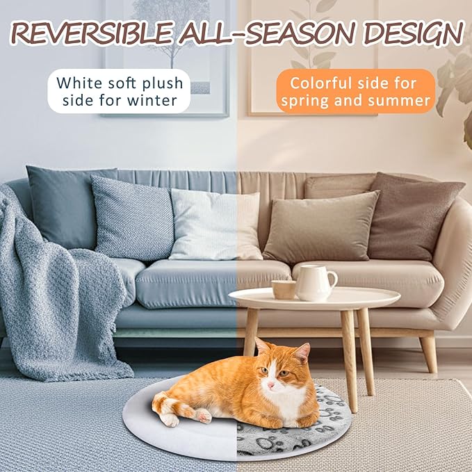 VitalCozy 2 Pack Self Heating Cat Pad Self Heating Cat Bed Machine Washable Heat Pet Mat Reversible Body Thermal Warm Round Dog Bed Crate Blanket for Feral and Indoor Cats(16'',Grey Dog Paw)