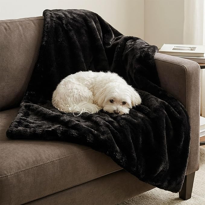 4 Cats & Dogs Pet Faux Fur Throw Blanket – Large 50"x60" Waterproof Dog Blanket, Washable Plush Throw for Cat and Dog, Leakproof Couch & Bed Furniture Protector, Ultra Soft Cozy Pet Blanket - Black