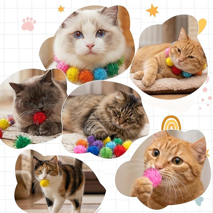 100 PCS Cat Pom Poms Balls Sparkle Cat Toy Balls 1in Soft Pom Poms Fuzzy Ball for Cats Small Plush Cats Ball Toys for Exercise and Entertainment Kitten Pet Chase InteractivePlay