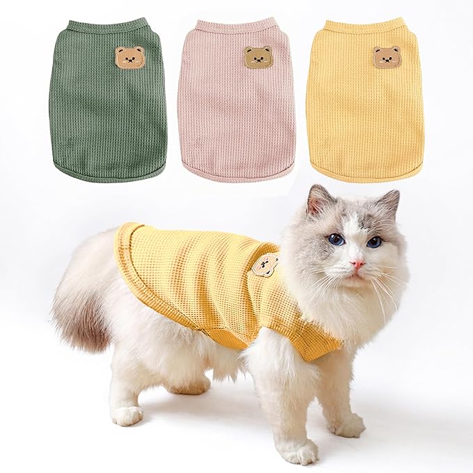 Waffle Knit Cat & Dog T Shirt for Small Dogs, Stretchable Puppy Shirt for Sphynx Cats & Small Breeds, Pet Clothes | Breathable Summer/Winter Apparel for Newborn(3PCS XLarge)
