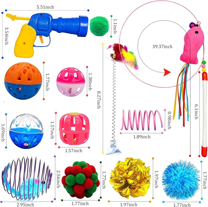 HerMia Colorful Cat Toys Bulk for Indoor Cats, 84 Pcs Interactive Kitten Toys Set, Cat Toy Cat Toy Bundle for Multiple Cats with Plush Balls Launcher & Teaser Wand, Includes Crinkle Balls, Springs