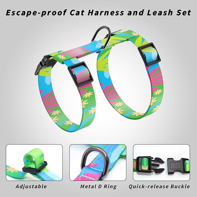 Seyezo Cat Harness and Leash Set, Adjustable Kitten Harness Escape Proof Cats Harness, Soft Lightweight Walking Travel Pet Harness, Cute Kitty Harness Leash Set for Small Medium Cats, Hawaii Green