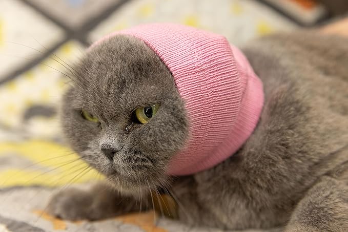 Cat Ear Cover Head Covering Ear Anxiety Relief Calming Neck Ear Covers for Cats Bath Wine+Blue-S