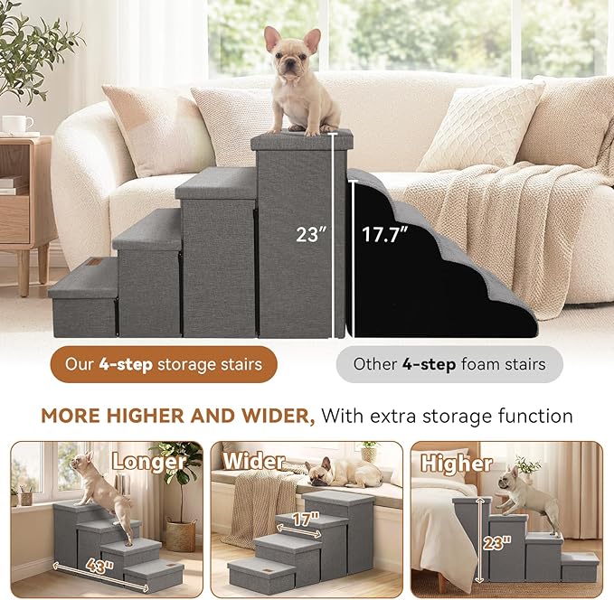 Zerbuger Dog Stairs with Storage 23" H, 4-Step Wider Dog Steps for High Beds Window, Folding Sturdy Pet Stairs Gift for Injured Old Dogs Cats, Ramp for Climbing Car Up to 200 lbs,(Gray, No Condo)