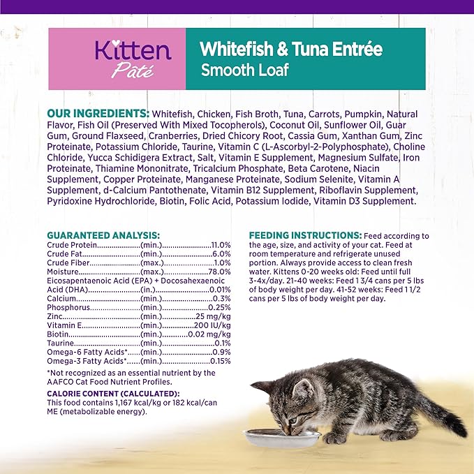 Wellness Complete Health Pate Kitten Canned Wet Cat Food, Natural, Protein Rich, Grain Free, Whitefish and Tuna Entrée Recipe, 5.5 oz, Pack of 24 Cans