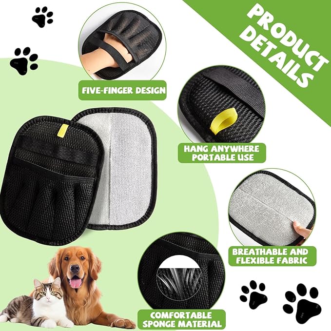 Upgraded Five-Finger Electrostatic Pet Hair Remover Glove for Cats & Dogs Reusable Magic Fur Brush Washable Double Sided Static Pet Hair Fur Remover Tool for Couch, Car Seat, Carpet & Laundry