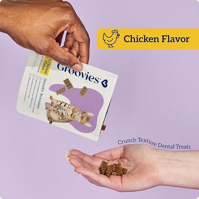 Groovies Cat Daily Dental Treats. Tasty, Crunchy Bites Cats Love. Chicken Flavor. Powered by USA-Patented DentalFit Technology. No Added Gluten, No Artificial Flavors or Colors. 7.05oz (460 Treats)