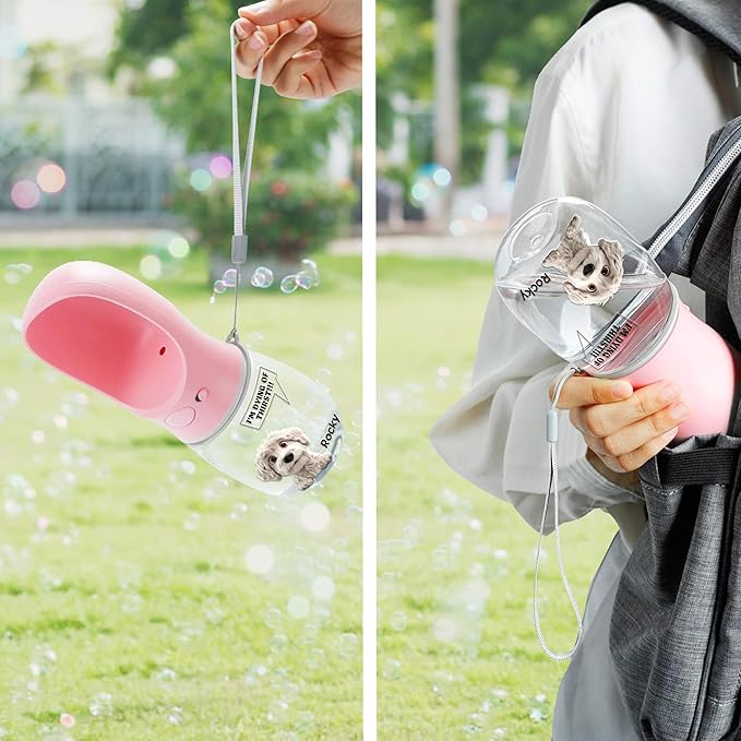 Personalized Dog Water Bottle - Custom 3D Cartoon Pet & Name, Portable Leak Proof Water Dispenser with Drinking Feeder, Dogs Cats Travel Walking Hiking Gifts for Pet Owners