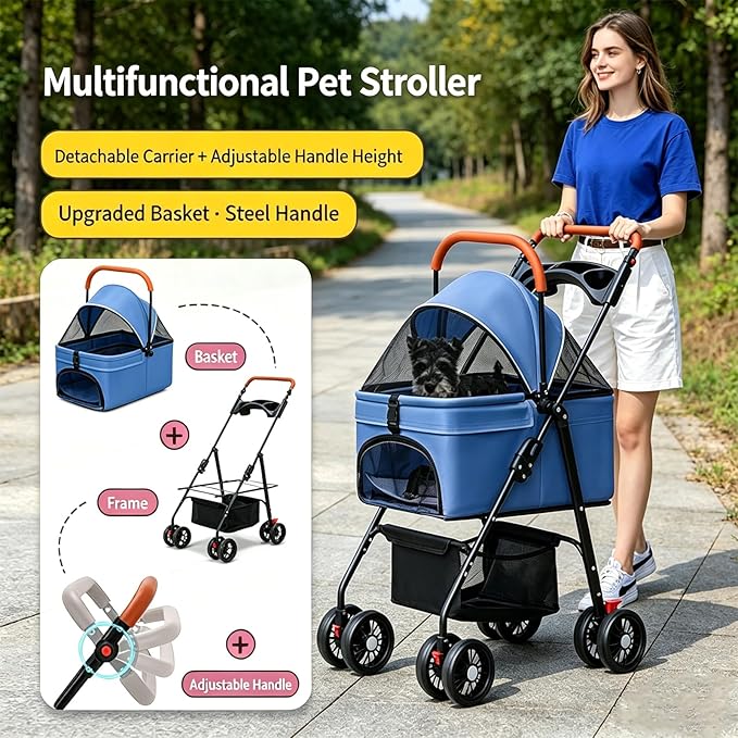 YYW Pet Stroller for Small Dogs & Cats, 3 in 1 Foldable Kittens Puppies Travel Strolling Cart with Removable Carrier, Cup Holder, Storage Basket & Lockable Wheels(Blue)