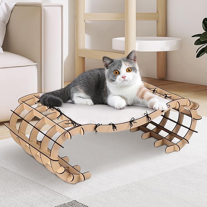 Plush Elevated Cat Bed with Removable Cushion - Solid Wood Arch Frame, Soft Washable Furry Hammock for Indoor Cats, Kittens & Small Dogs - Raised Pet Bed(Cat Furniture, Large/Small Cat Bed)