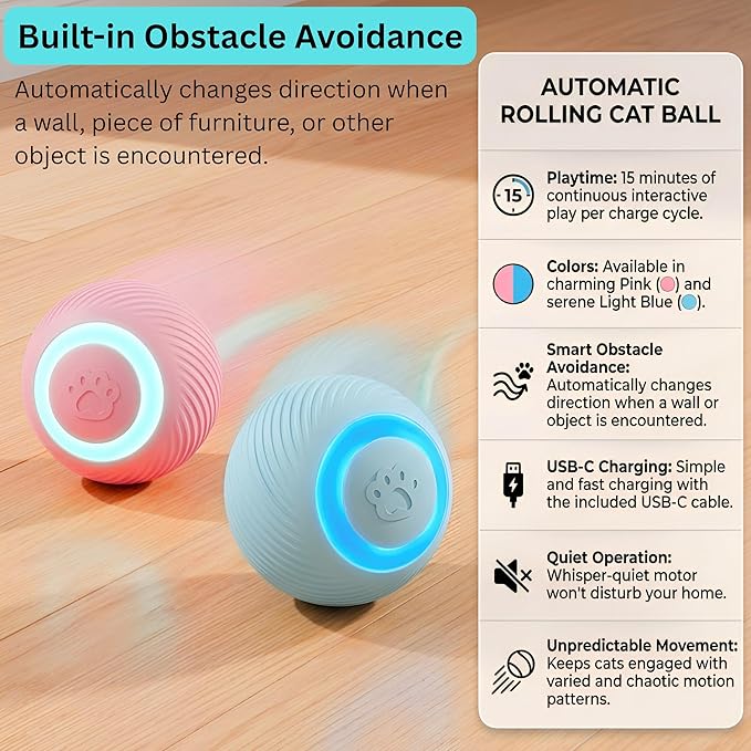 Interactive Cat Toy Ball, 3 Play Modes, Automatic Rolling with RGB Lights, E-TPU, Smart Moving Bouncing for Cats and Dogs, Blue