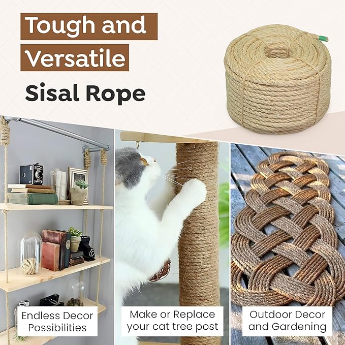 Premium Brazilian Sisal Rope, Natural Fiber 100% Sisal, Ultra Durable, Chemical-Free, Ideal for DIY, Cats, Scratching Post Replacement, Home Decor, Garden, Crafting (1/4” 50 ft / 6mm 15m)