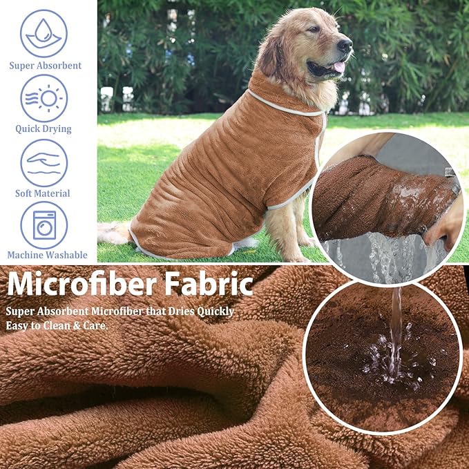 Dog Bathrobe Towel Dog Drying Coat - Super Absorbent Towels Bath Robe for Dogs Large, Soft Adjustable Collar & Belly Strap Fast Drying Coat Pet Cat Bath Robe (Brown, Medium)