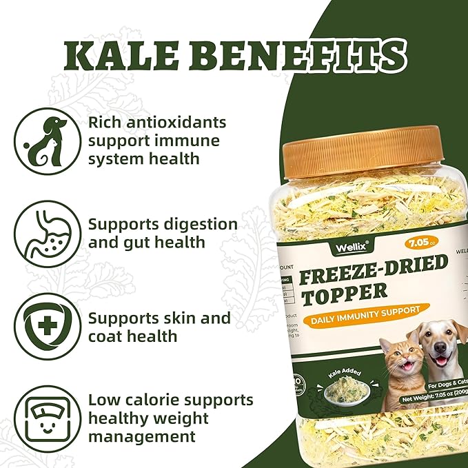 Wellix Freeze Dried Dog and Cat Food Toppers with Kale & Egg Yolk for Picky Pet - High Protein Low Calorie Dog Treats to Support Digestive & Skin Health - Healthy Cat Treats for Indoor Cats 7.05oz