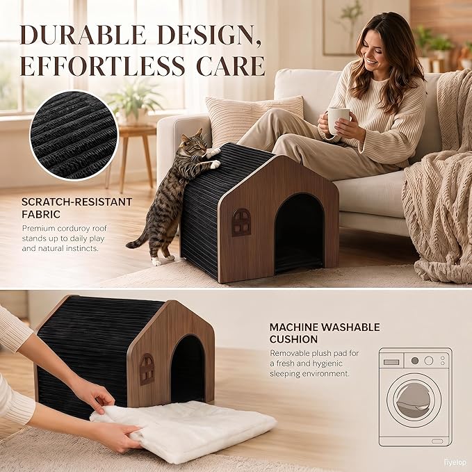Modern Wooden Cat House Indoor – E0 Grade Enclosed Cat Cave Bed with Washable Cushion, Eco-Friendly Non-Toxic Pet Furniture for Kittens & Medium Cats