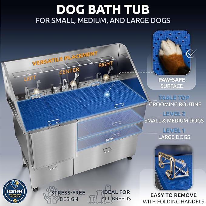 KANIS Professional Dog Washing Station 304 Stainless Steel Pet Wash Sink & Grooming Bathtub w/Shower, Floor Grates and Storage for Large, Medium & Small Pets (Silver, 61 Inches, Left Ramp, 2 Drawers)