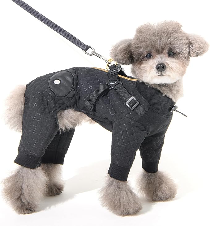 Puppia Quilo Warm Cute Winter Jumpsuit with Integrated Harness for Small and Medium Dogs, Black, Large