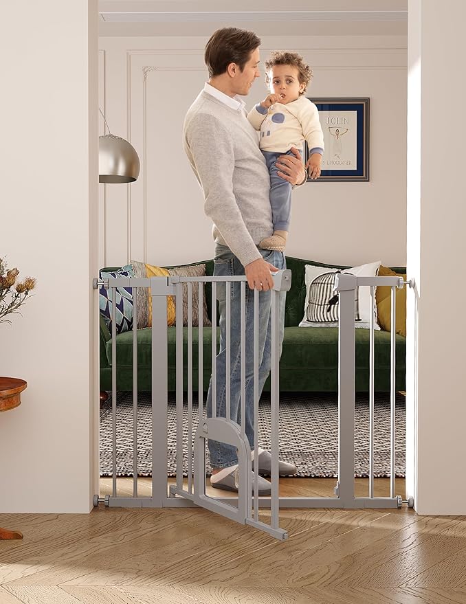 Babelio 36" Tall Upgraded Baby Gate with Cat Door,29-43" Auto Close Durable Dog Gate for Stairs,Doorways and House,Easy Walk Thru,Includes 4 Wall Cups,Gray
