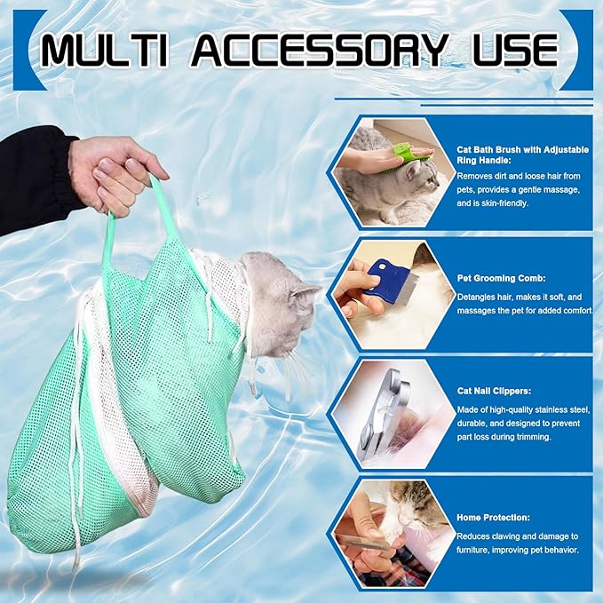 Cat Bathing Bag, Cat Shower Net Pet Bag, Cat Grooming Washer Mesh Bag, Adjustable Breathable Multifunctional Anti-Bite and Anti-Scratch Restraint Bag with Pets Nail Clippers for Cat's Bathing