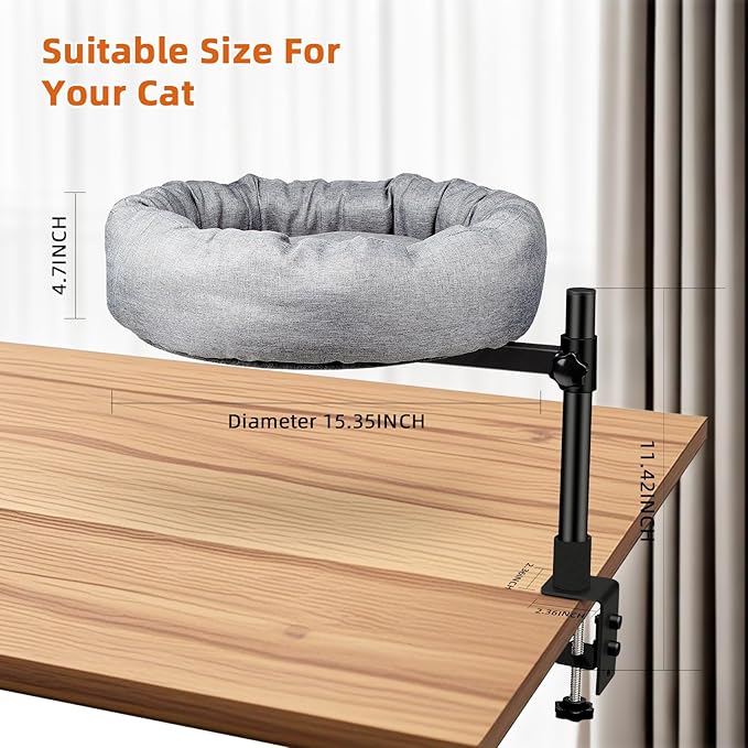 Cat Hammock Bed for Desk Edge, Rotating & Height Adjustable Pet Lounge with Thick Soft Cushion, Space Saving Desk Mounted Resting Perch for Cats & Small Pets Up to 45 lbs, Grey