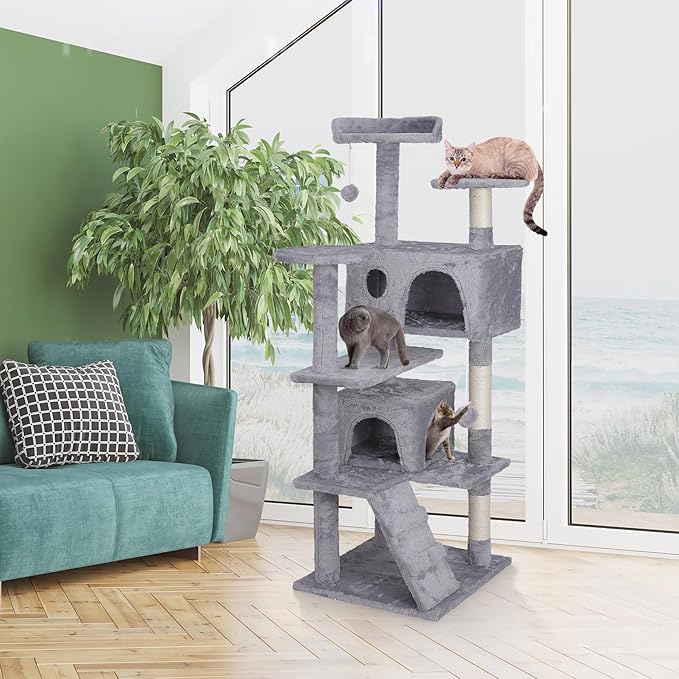 53 Inches Multi-Level Cat Tree Condo Furniture Kitten Activity Play House Bed Pet Kitty Climbing Tower with Scratching Posts/Plush Perch/Scratcher Ladder/Tunnel for Cats,Kittens,Pets (Light Grey)